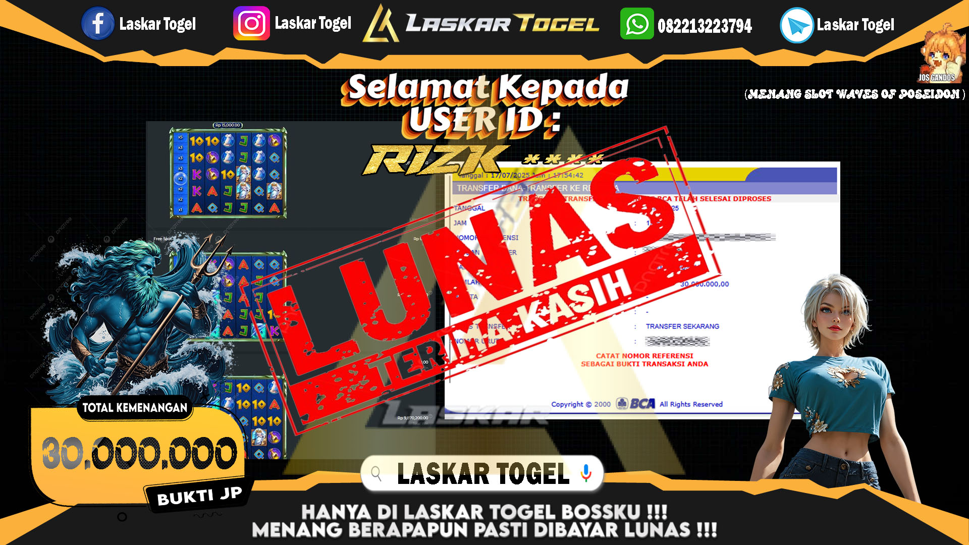 LASKARTOGEL JACKPOT SLOT WAVES OF POSEIDON Rp.30.000.000.,- LUNAS